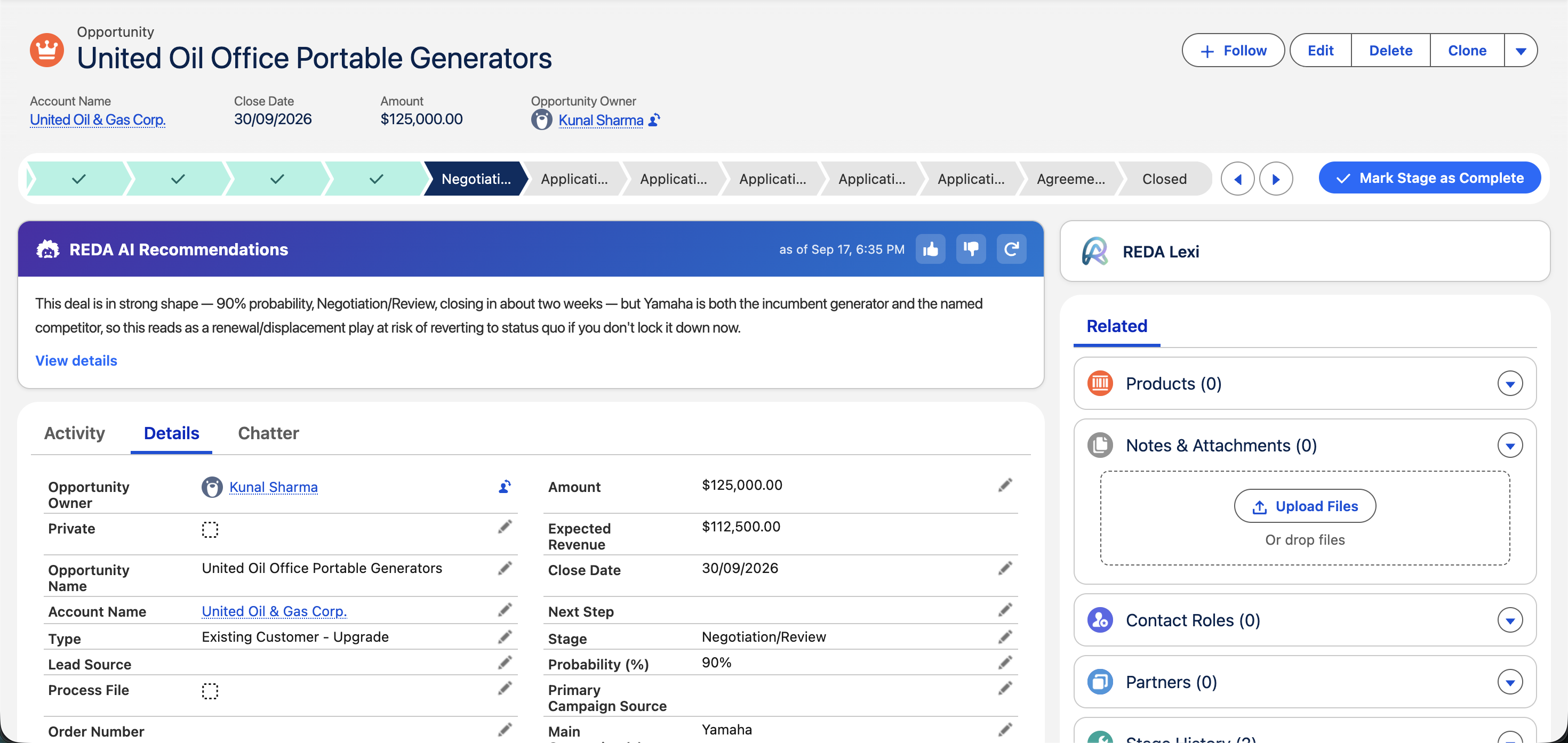 Sample Salesforce opportunity with a REDA AI recommendation above its record details